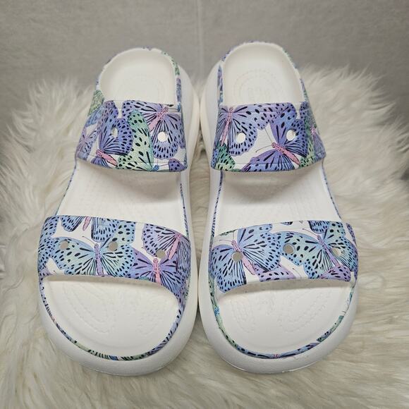 CROCS Classic Crush White Butterfly Print Platform Sandals - Picture 1 of 8